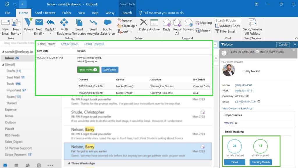 screen shot of Veloxy AI Sales Assistant Software for Outlook