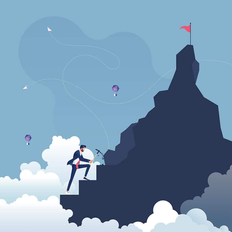 cartoon of a persistent businessman climbing a mountain